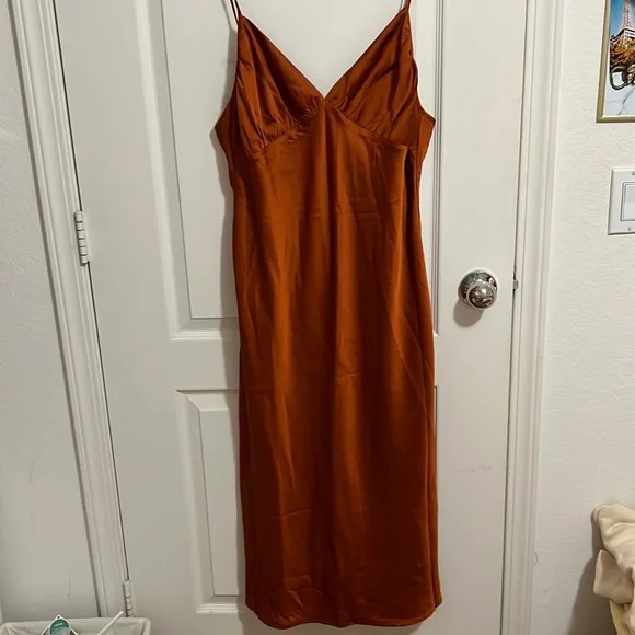 Abercrombie & Fitch | Dresses | Abercrombie Ruched Satin Slip Midi Dress  Brown | Poshmark
